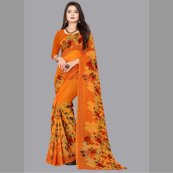 Other - 🧡Floral Print Daily Wear Light Weight Georgette Saree with Unstitched Blouse🧡